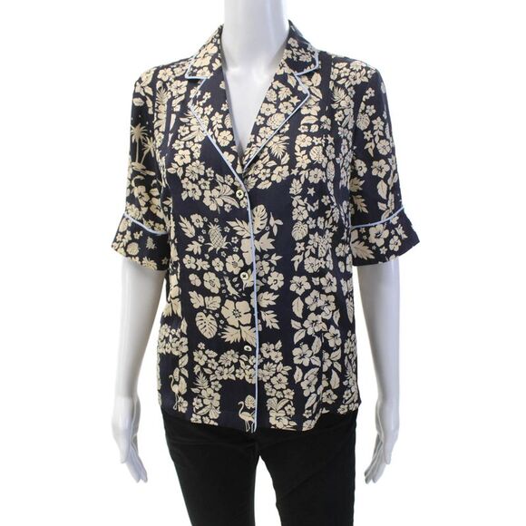 Scotch & Soda Tops - Scotch & Soda Womens Floral Print Short Sleeve Button Up Blouse Top Navy Size M